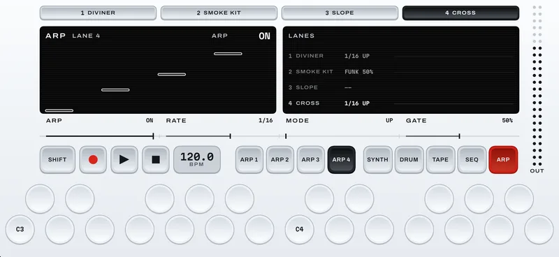 Arp mode: a held chord drawn as a rising run of four steps, the current one filled, with the four lanes listed on the right
