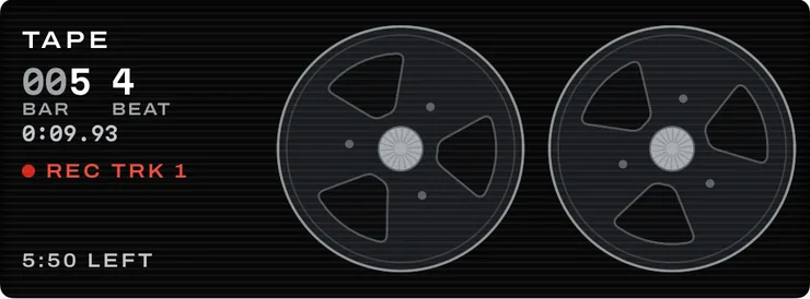 The tape page's left screen: a counter, a record marker and two reels on one axis.