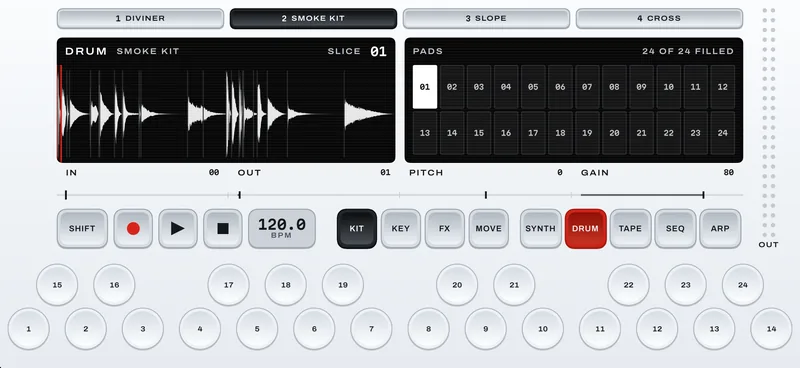 Drum mode: a kit on the left screen, twenty-four numbered pads on the right.