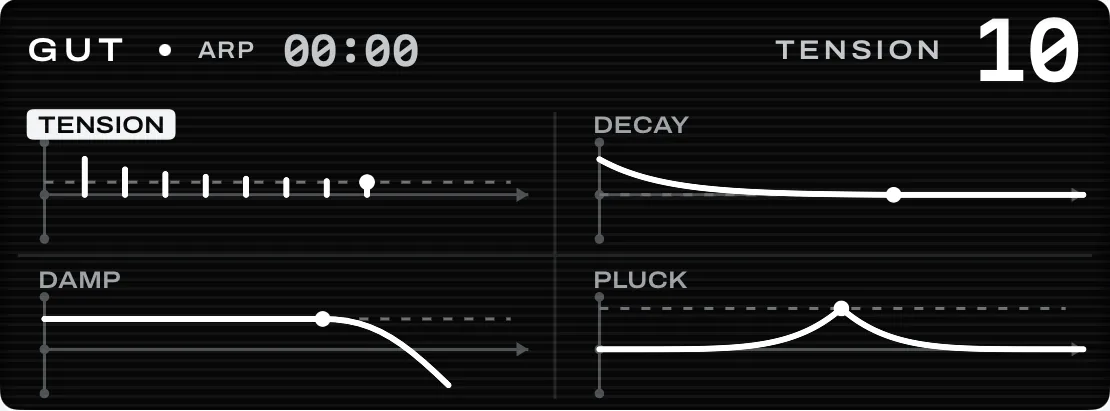 Gut's engine page: tension, decay, damping and pluck.