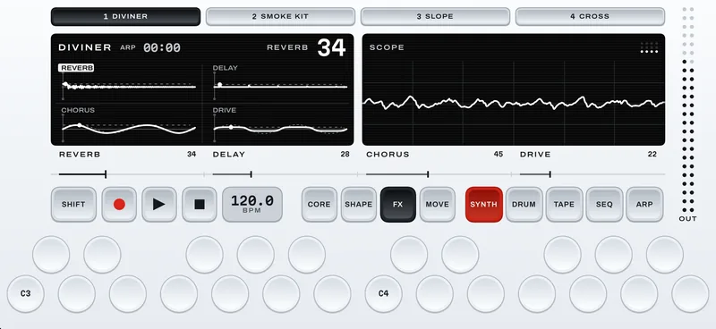 The FX page: reverb, delay, chorus and drive amounts plotted on the left, the scope on the right.