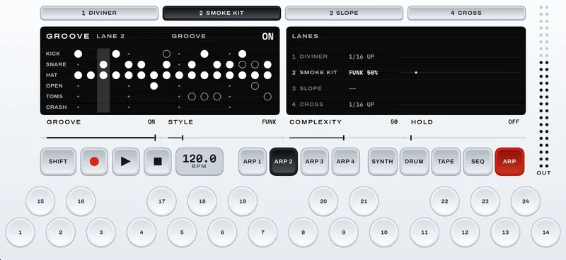 Groove on a kit lane: a grid of kick, snare, hat, open hat, tom and crash hits, with every lane's arp or groove listed on the right.