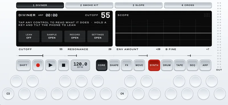 The help panel: a line telling you to tap any control, with Lean, Sample, Record and Settings below.