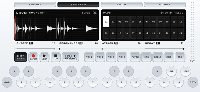 A sampled kit under SHIFT: cutoff, resonance, attack and decay for the selected pad on the band.