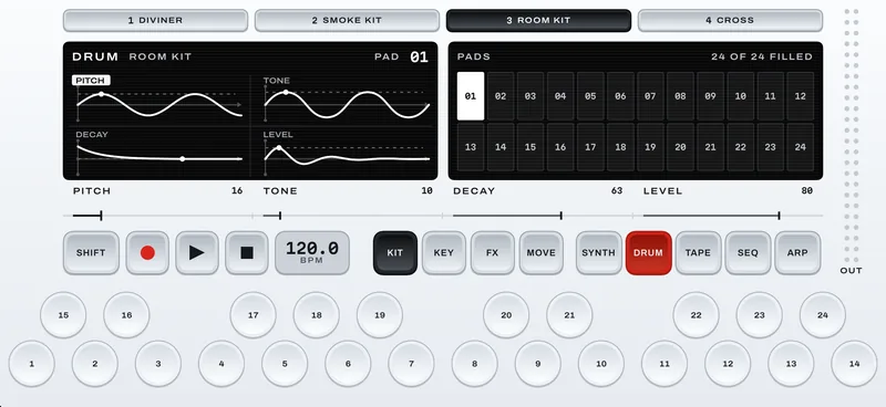 A Knock kit: pitch, tone, decay and level plotted for pad 1, with twenty-four pads on the right.