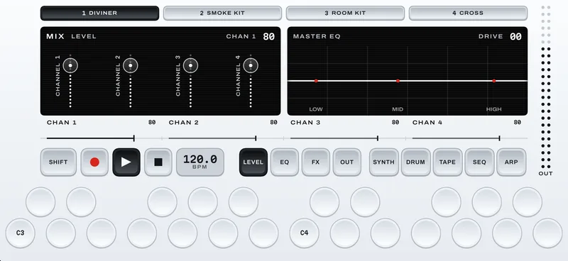 The mixer: four channel faders with meters on the left, the master EQ on the right.