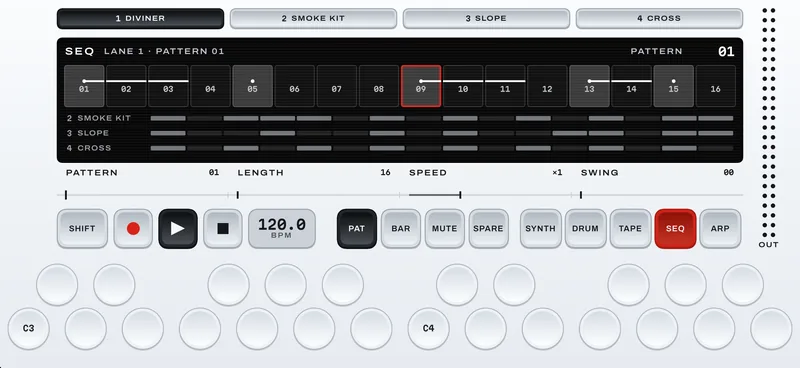 Sequencer mode: one wide screen with sixteen numbered steps and three lane rows.