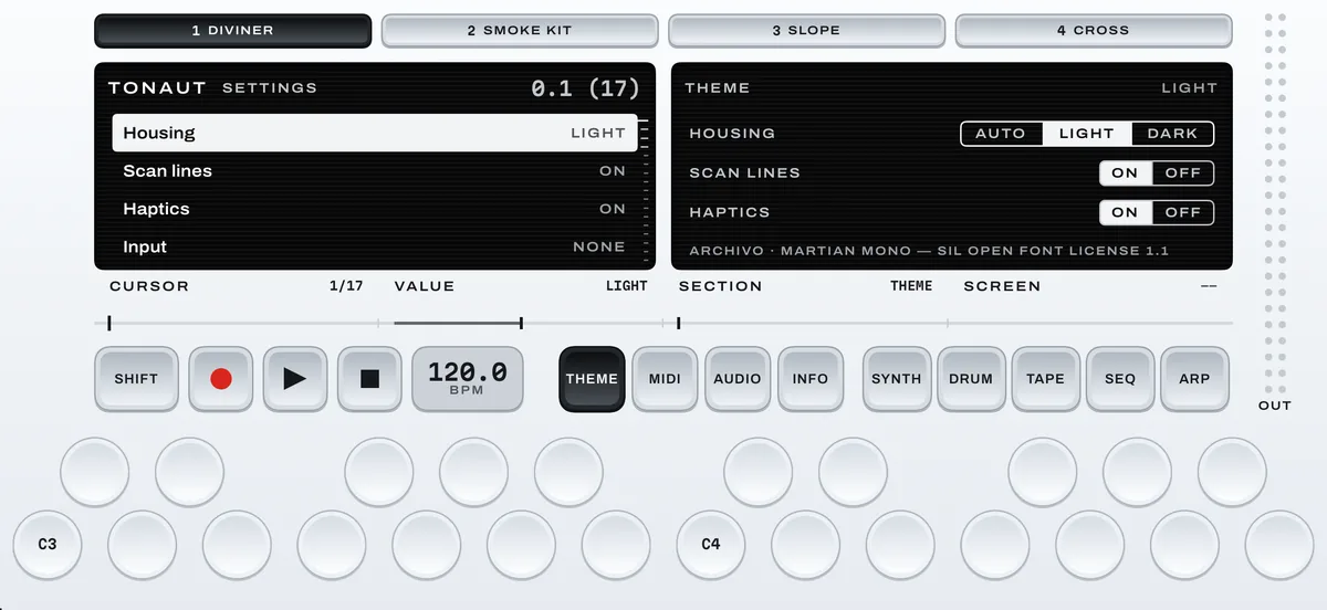 Tonaut's Settings screen on the light housing, showing the section list on the left and the selected section on the right.