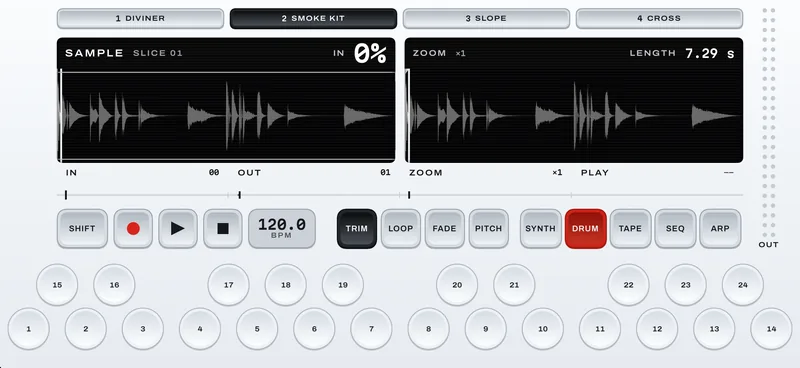 The sample editor on a kit: the whole recording on the left, a zoomed view on the right.