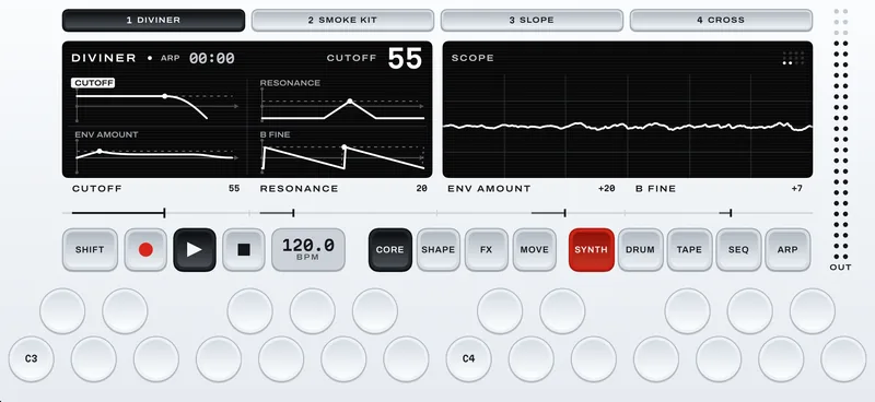 Synth mode: four plotted quadrants on the left screen, a live scope on the right.