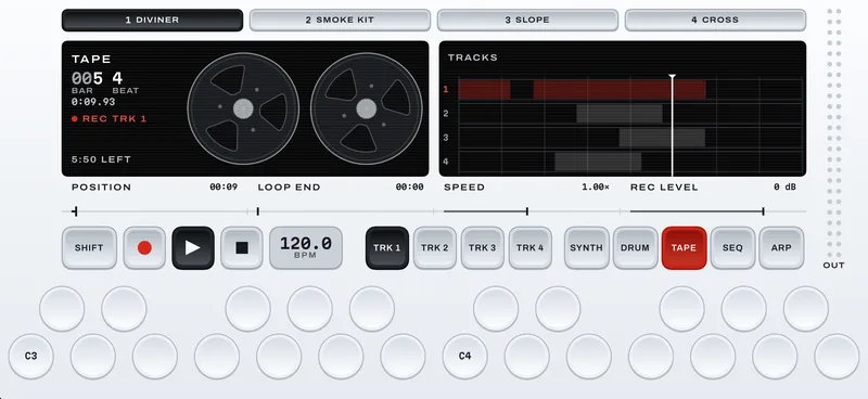 Tape mode: two reels and a counter on the left screen, four tracks with a take on the right.